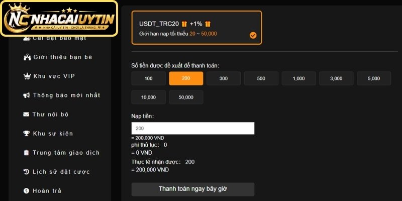 Nạp tiền 23WIN bằng USDT TRC20